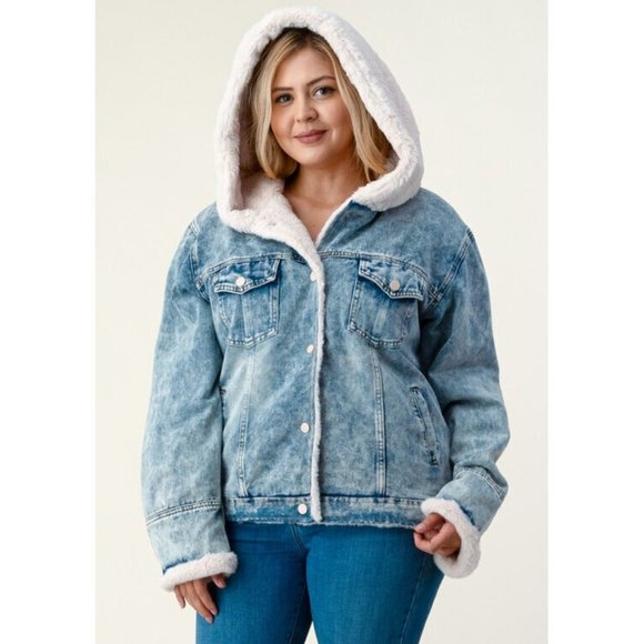 Jackets & Blazers - SOLD OUT Plus Denim Ivory Sherpa Faux Fur Hood Jean Jacket